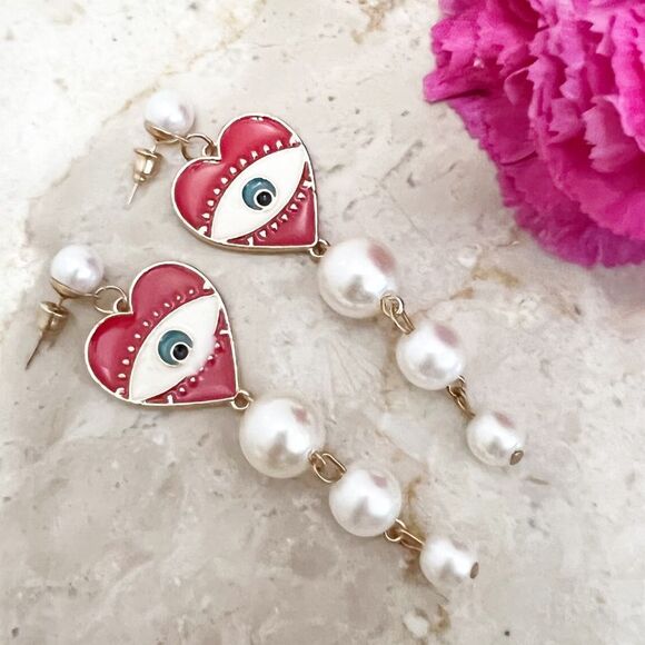 Crimson and Pearl Evil Eye Dangle Post Earrings NWT - Picture 9 of 11